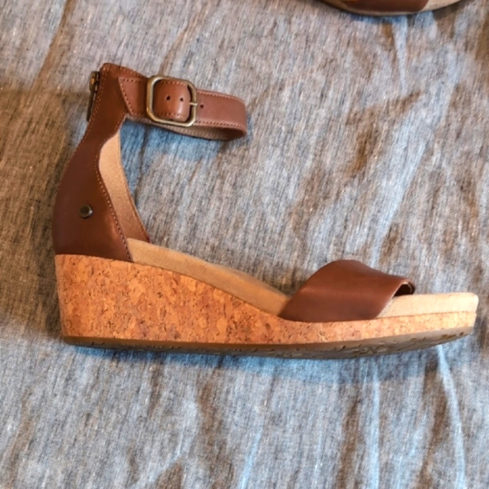 UGG Chestnut Brown Leather Wedge Sandals
